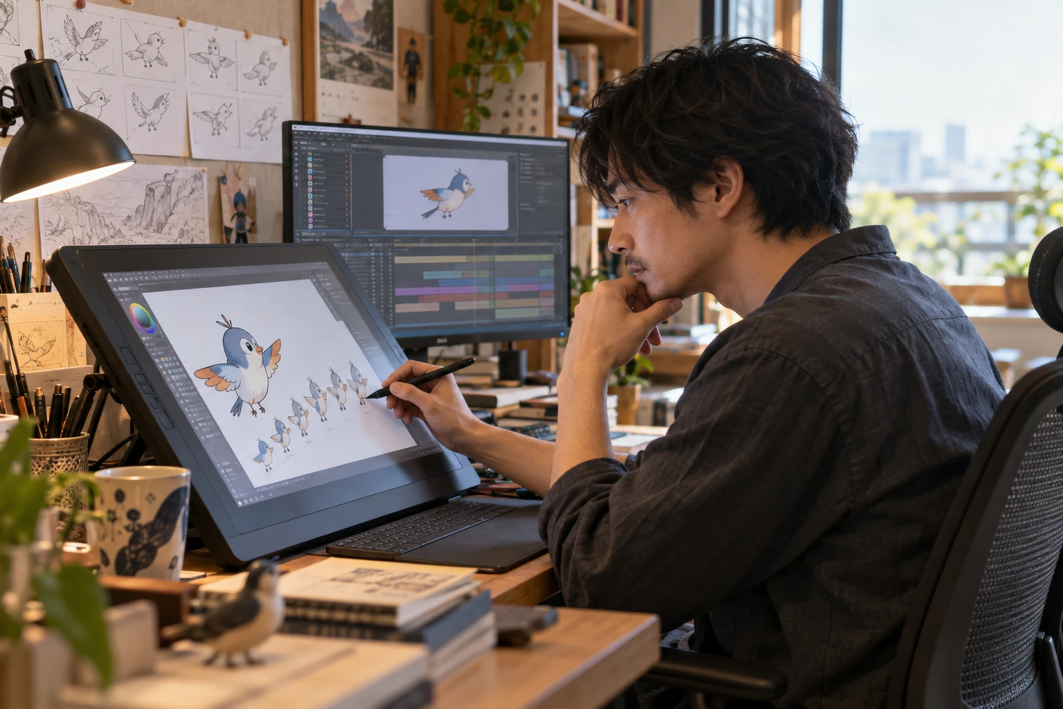 アニメーターの仕事と開業準備を表す人物入りの架空イメージ(AI生成)