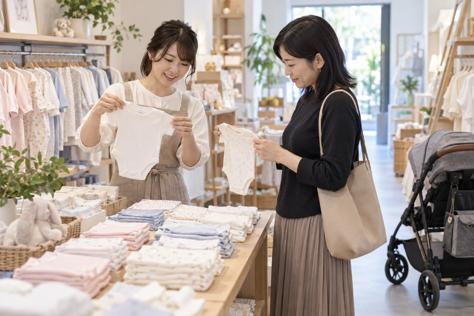 ベビー・子供服小売業の仕事と開業準備を表す人物入りの架空イメージ(AI生成)