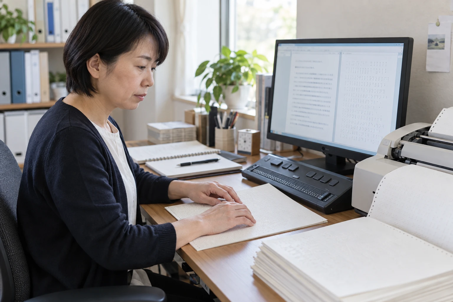 点字通訳者の仕事と開業準備を表す人物入りの架空イメージ(AI生成)