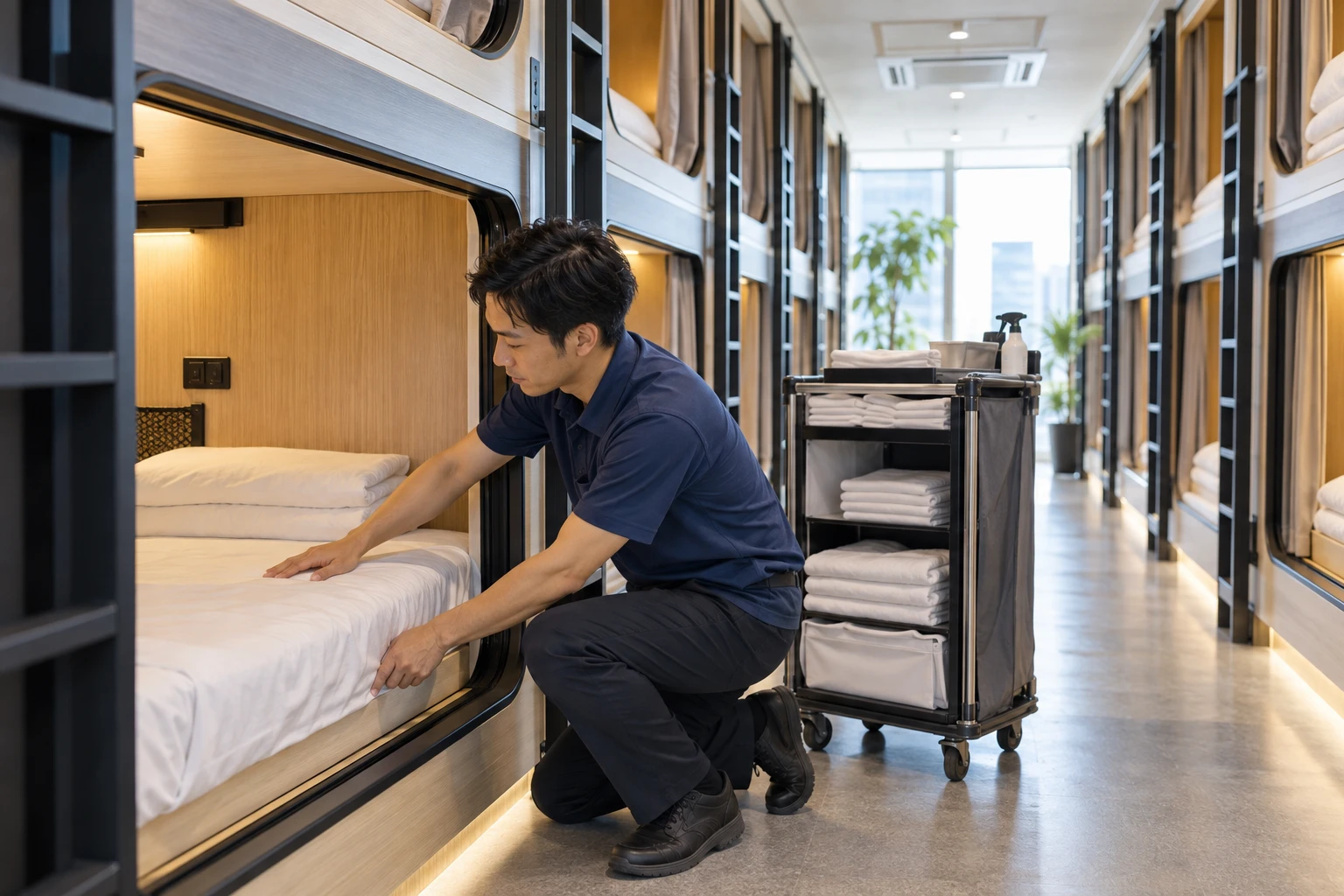 カプセルホテルの仕事と開業準備を表す人物入りの架空イメージ(AI生成)