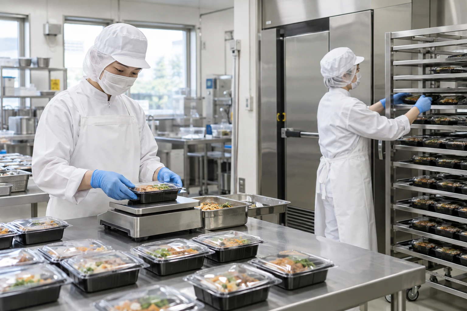 セントラルキッチン・冷凍食品製造業の仕事と開業準備を表す人物入りの架空イメージ(AI生成)