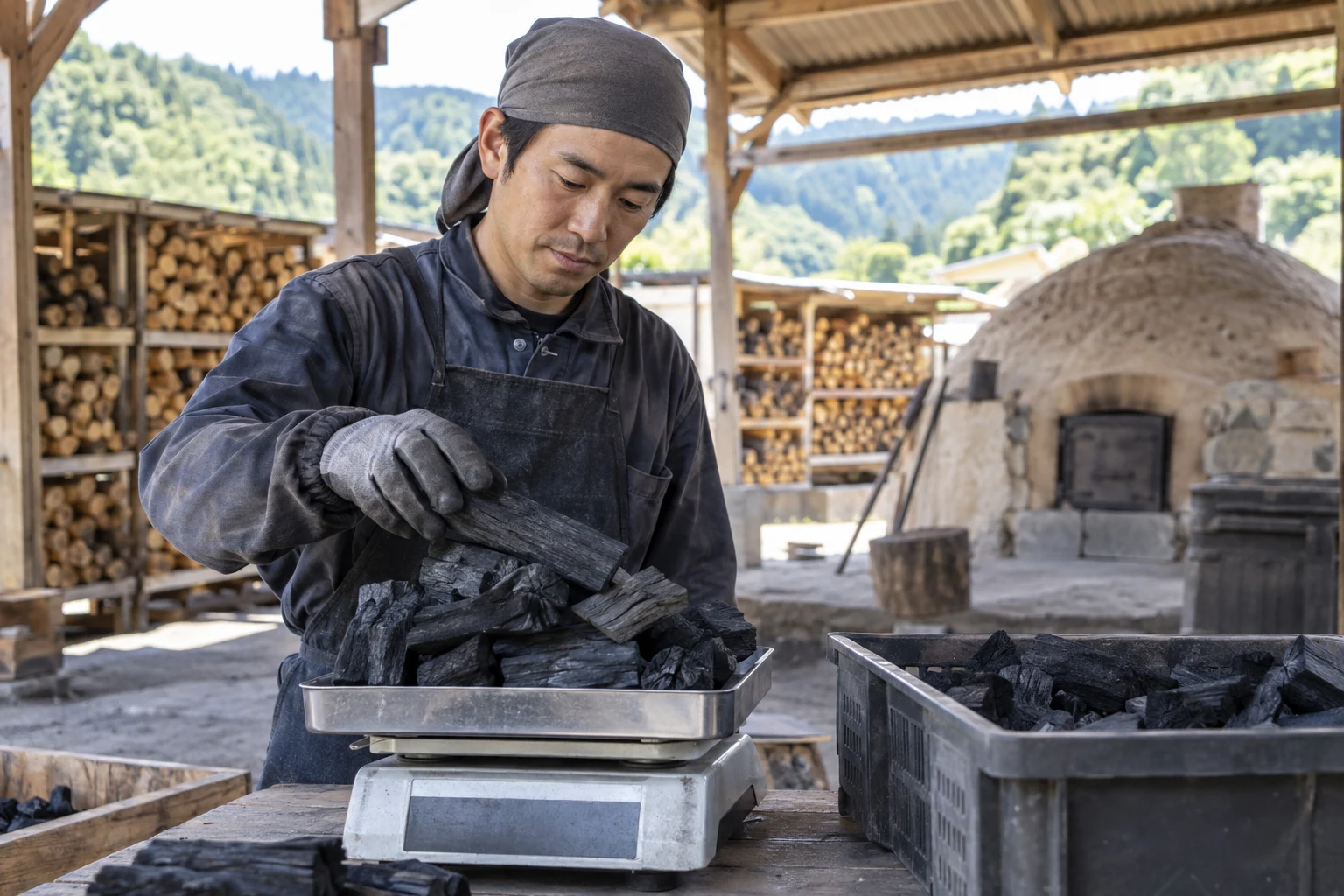 炭焼き師の仕事と開業準備を表す人物入りの架空イメージ(AI生成)