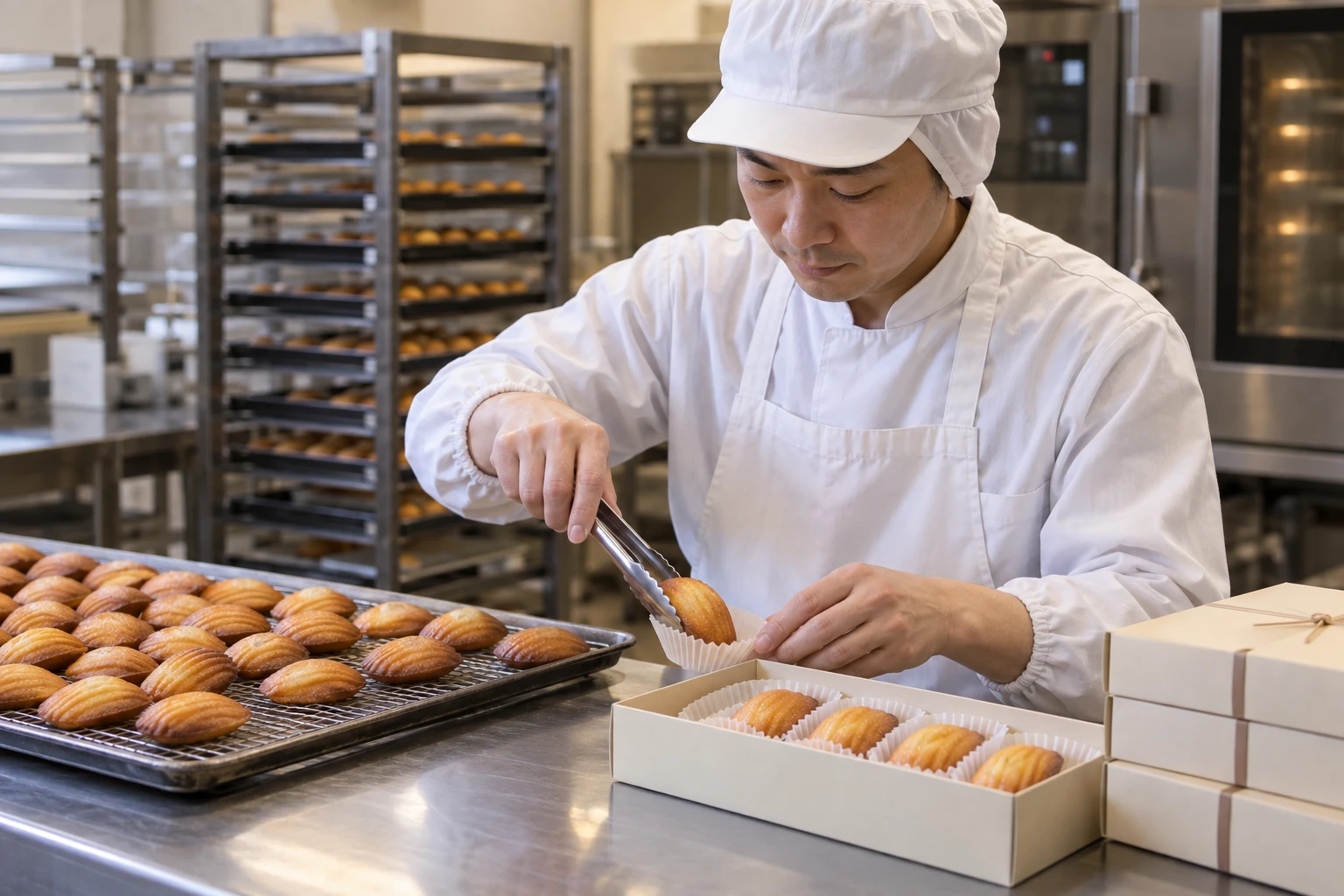 菓子製造販売店の仕事と開業準備を表す人物入りの架空イメージ(AI生成)