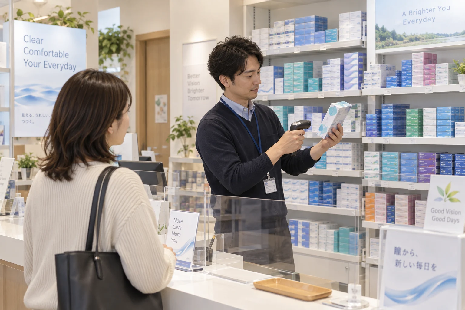 コンタクトレンズ販売店の仕事と開業準備を表す人物入りの架空イメージ(AI生成)