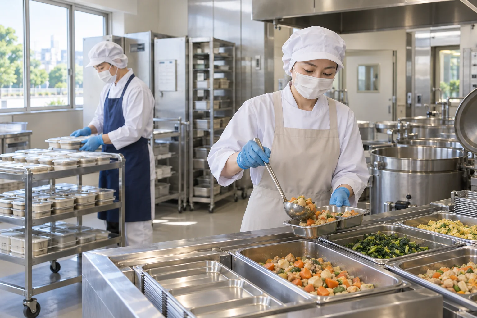 給食業の仕事と開業準備を表す人物入りの架空イメージ(AI生成)