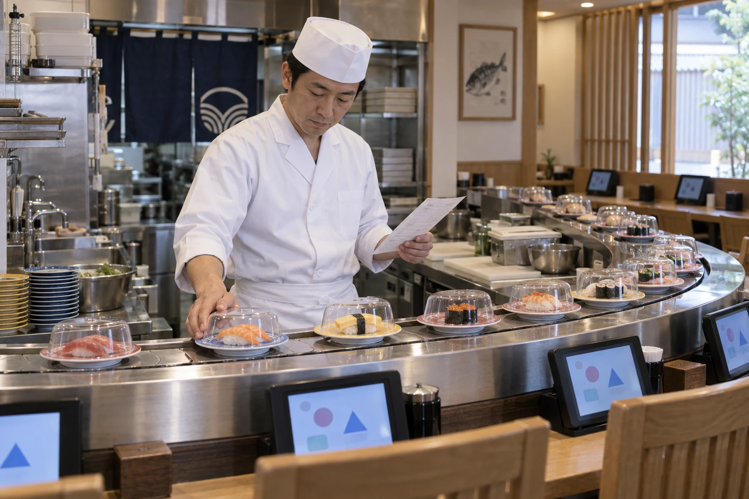 回転すし店の仕事と開業準備を表す人物入りの架空イメージ(AI生成)