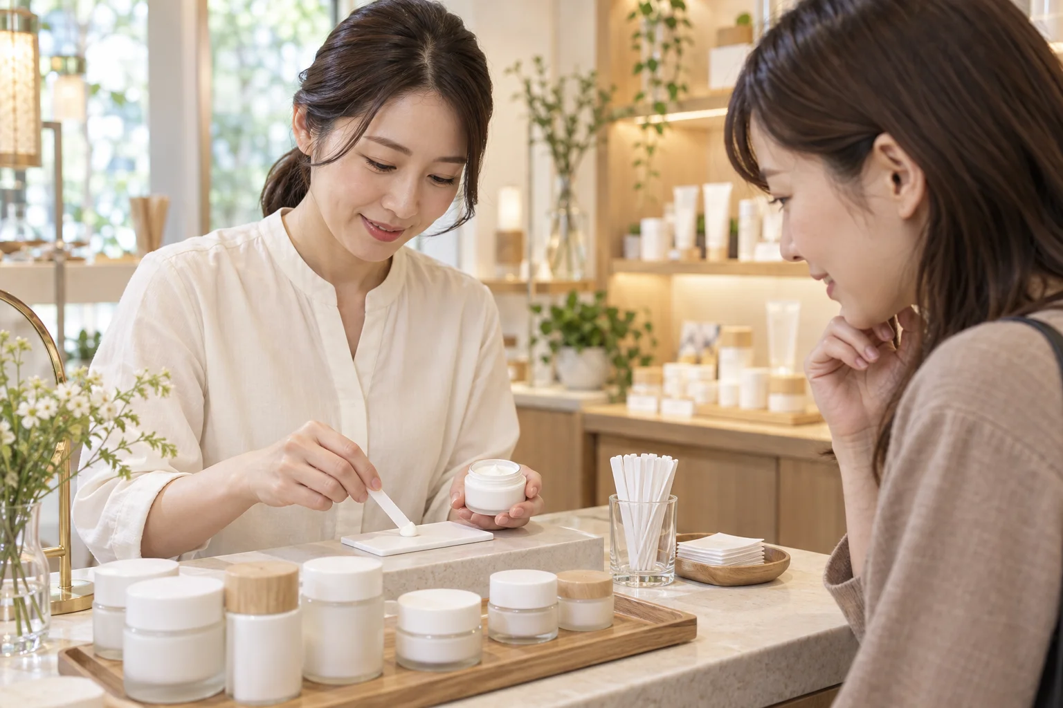 化粧品販売・自社コスメブランドの仕事と開業準備を表す人物入りの架空イメージ(AI生成)