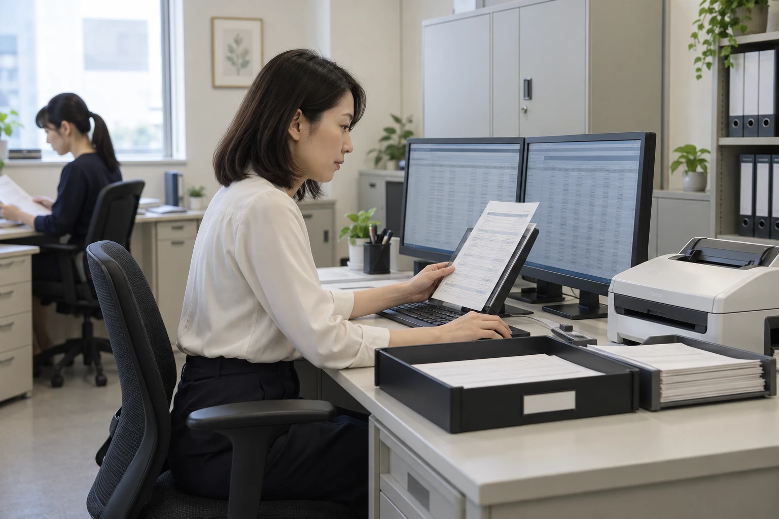 データ入力代行業の仕事と開業準備を表す人物入りの架空イメージ(AI生成)