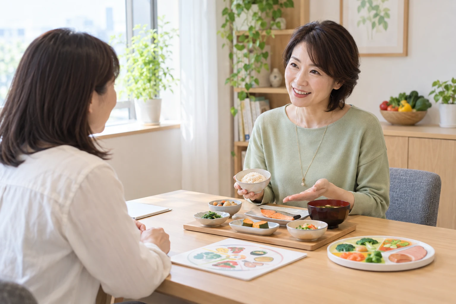 教材を使って食生活を相談する管理栄養士と成人相談者のイメージ