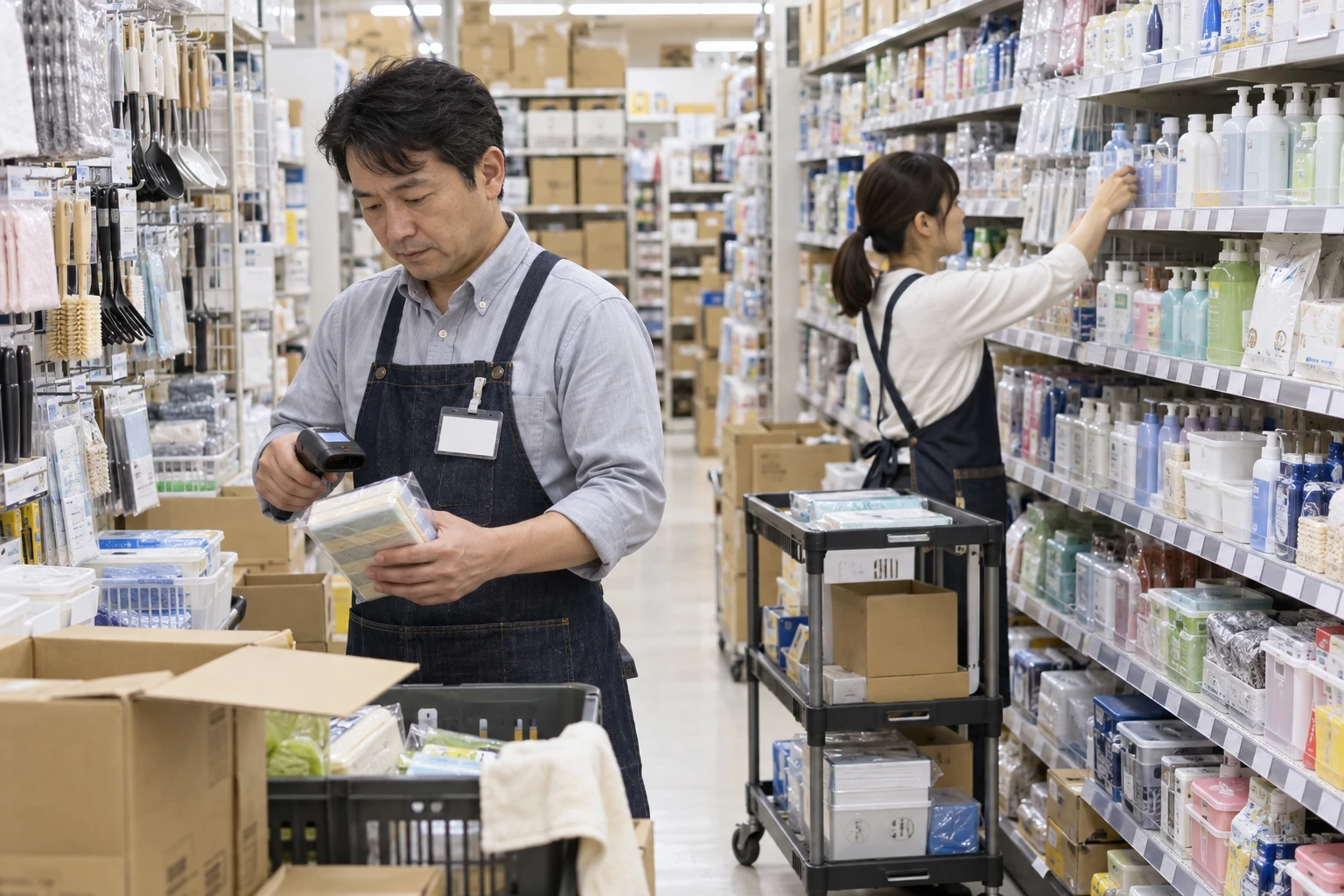 ディスカウントストアの仕事と開業準備を表す人物入りの架空イメージ(AI生成)