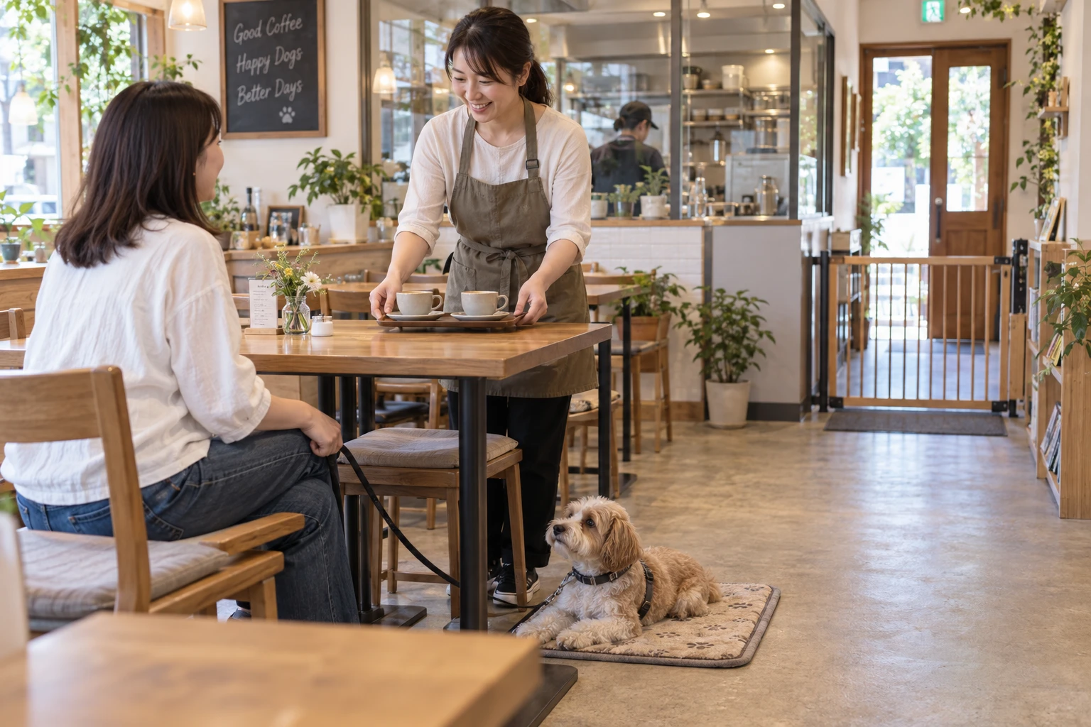 ドッグカフェの仕事と開業準備を表す人物入りの架空イメージ(AI生成)