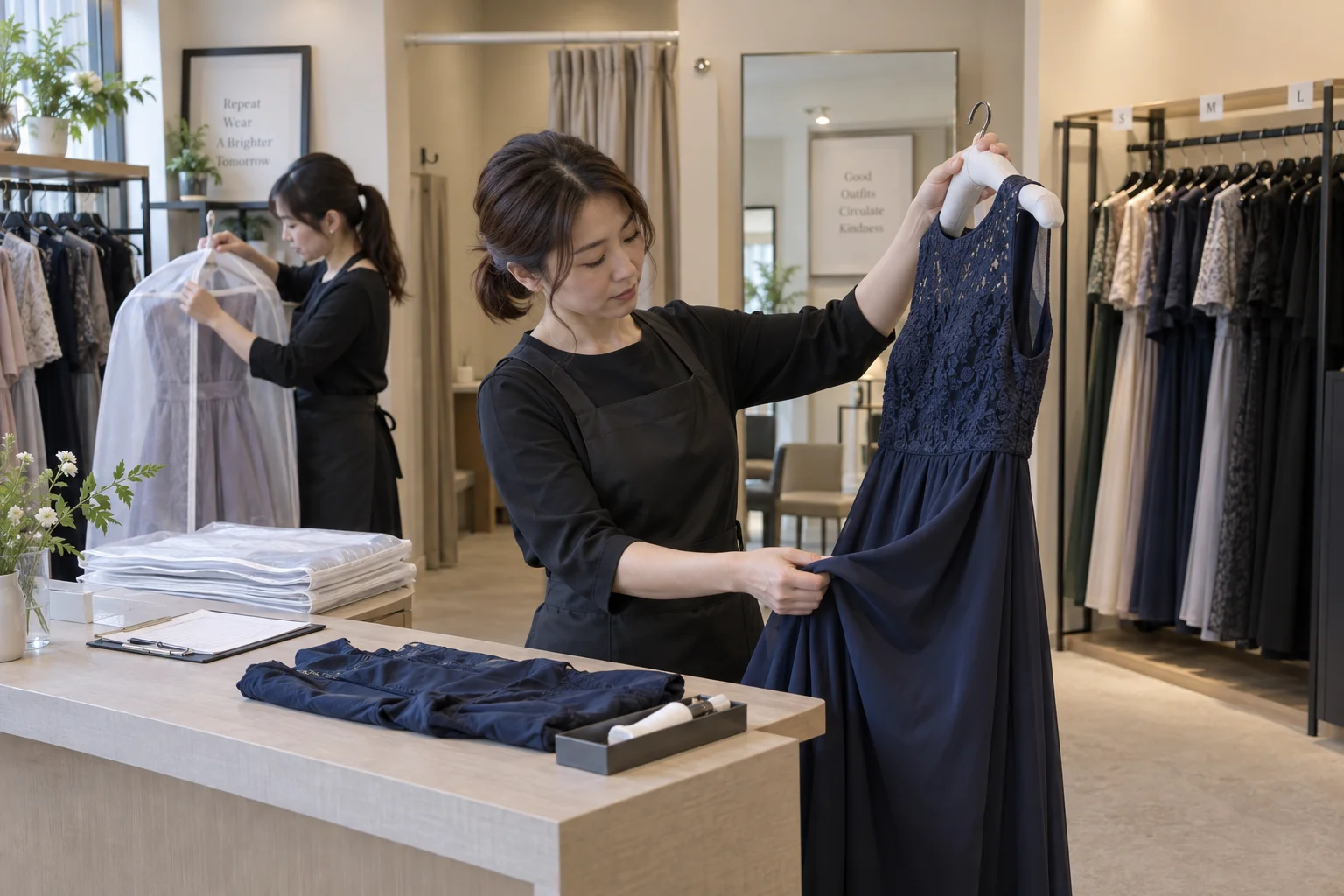 レンタルブティックの仕事と開業準備を表す人物入りの架空イメージ(AI生成)