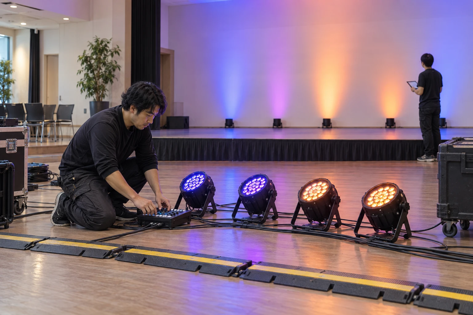 イベント照明機材レンタル業の仕事と開業準備を表す人物入りの架空イメージ(AI生成)