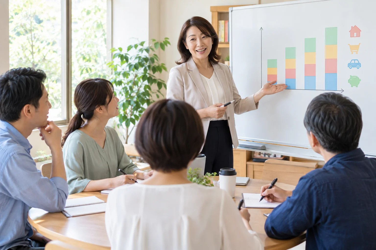 ファイナンシャル・プランナーの仕事と開業準備を表す人物入りの架空イメージ(AI生成)