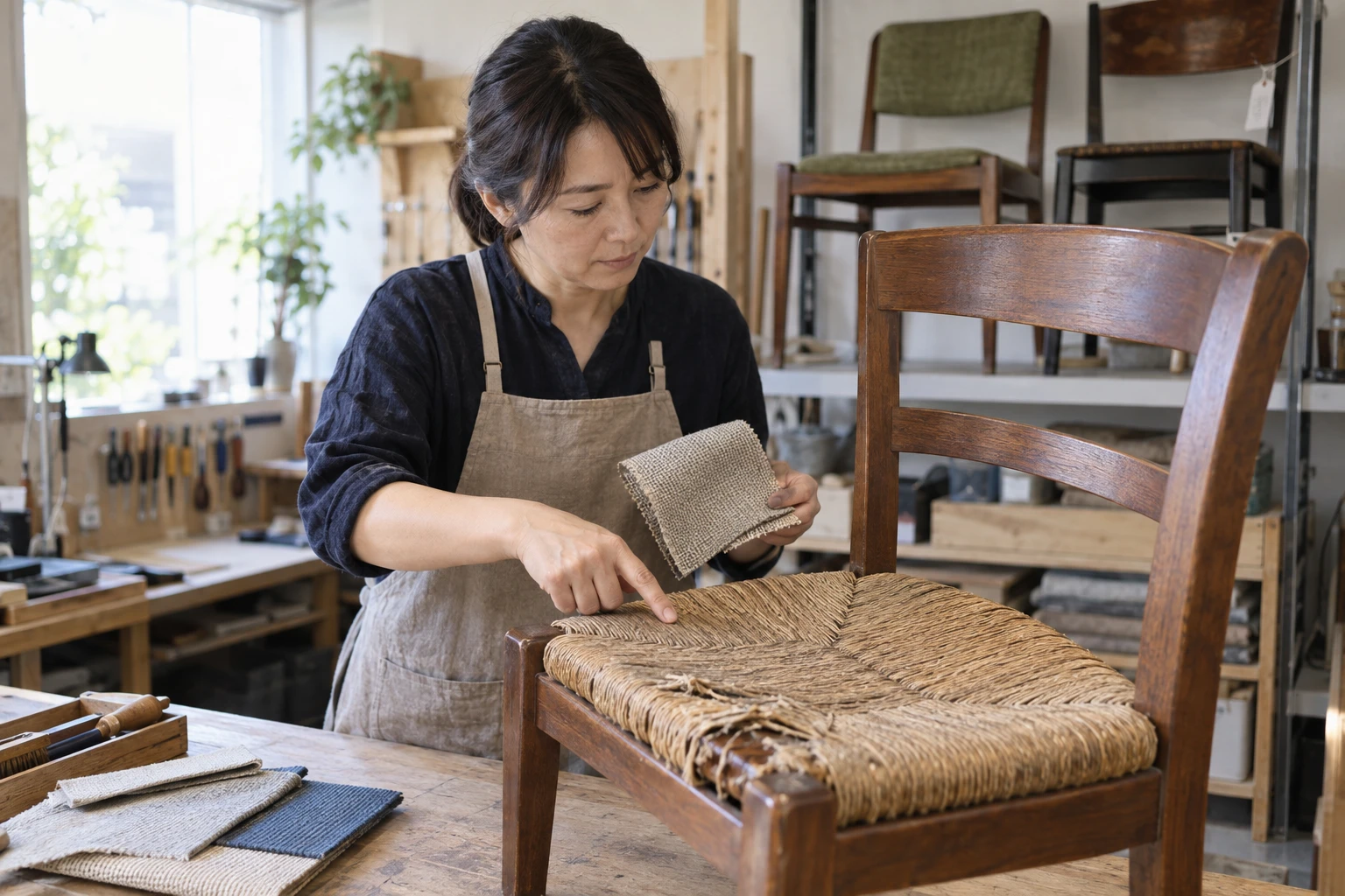 家具修理サービスの仕事と開業準備を表す人物入りの架空イメージ(AI生成)