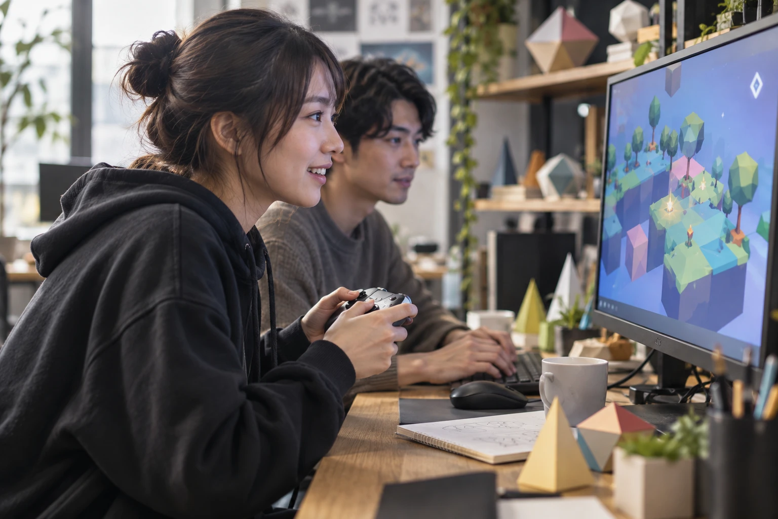 ゲーム開発の仕事と開業準備を表す人物入りの架空イメージ(AI生成)