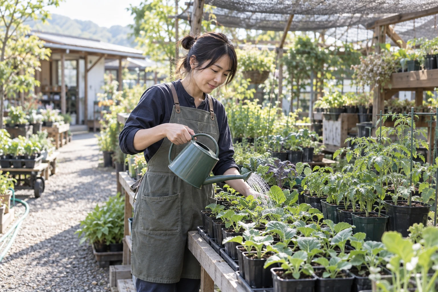 園芸店の仕事と開業準備を表す人物入りの架空イメージ(AI生成)
