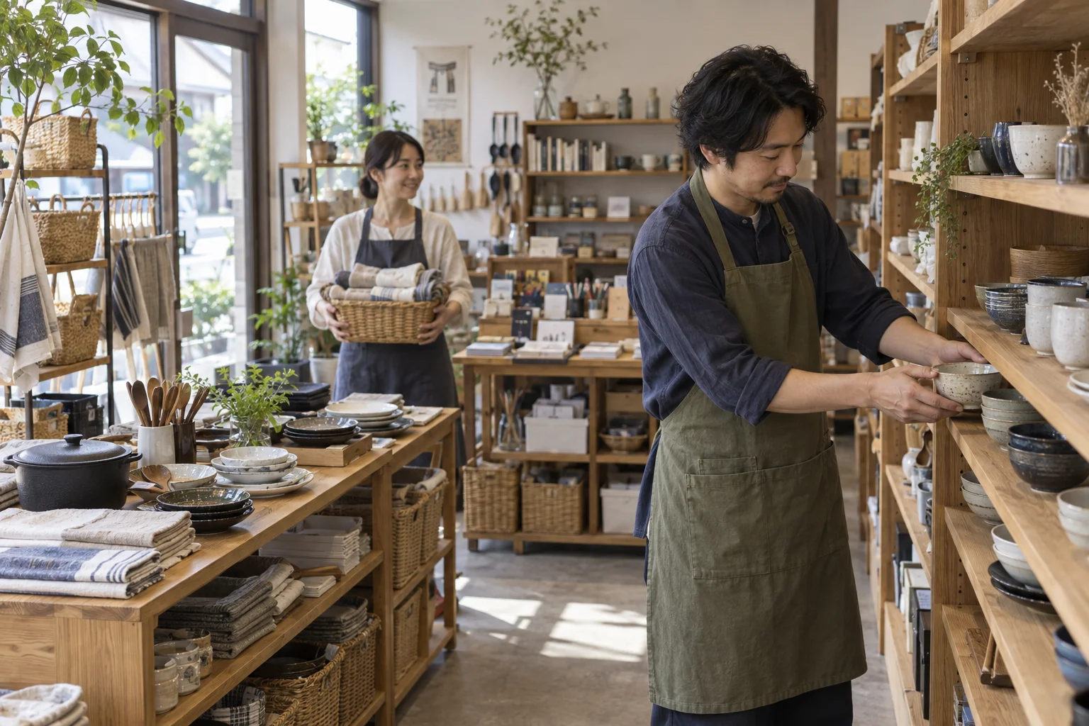 雑貨店の仕事と開業準備を表す人物入りの架空イメージ(AI生成)