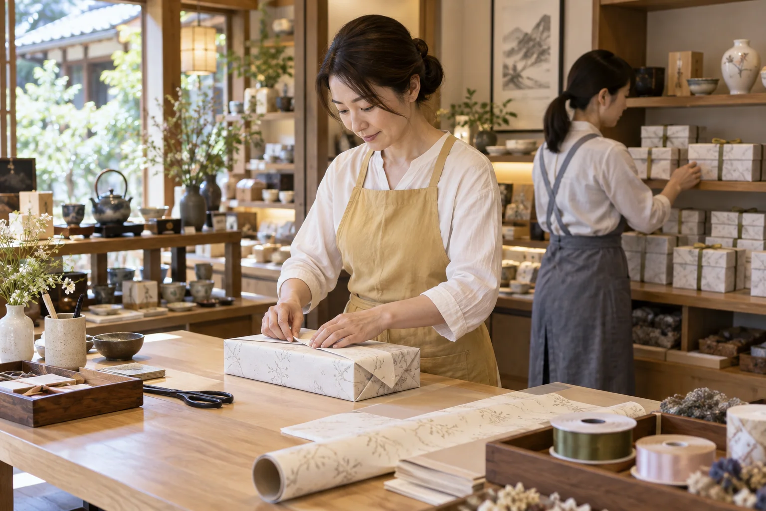 ギフトショップの仕事と開業準備を表す人物入りの架空イメージ(AI生成)