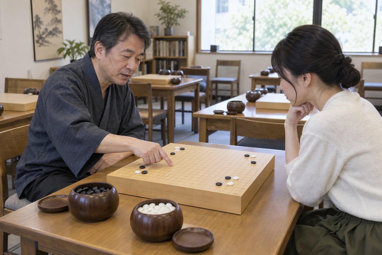 囲碁・将棋クラブの仕事と開業準備を表す人物入りの架空イメージ(AI生成)