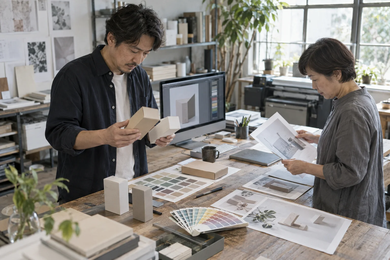 グラフィックデザイナーの仕事と開業準備を表す人物入りの架空イメージ(AI生成)