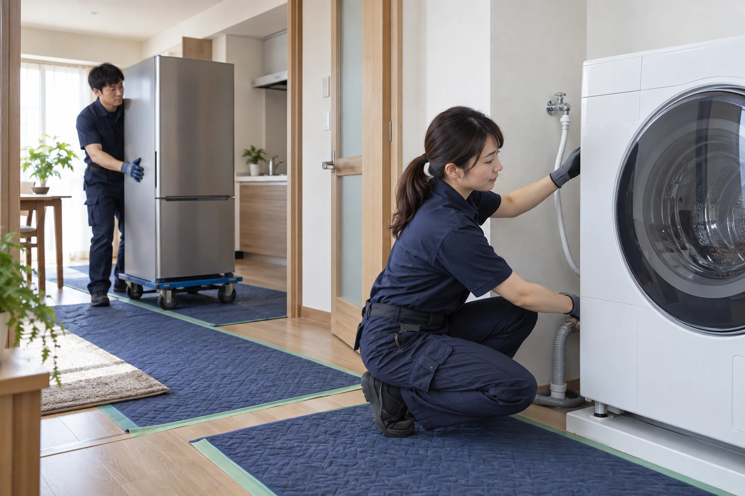 家電設置・取付代行業の仕事と開業準備を表す人物入りの架空イメージ(AI生成)