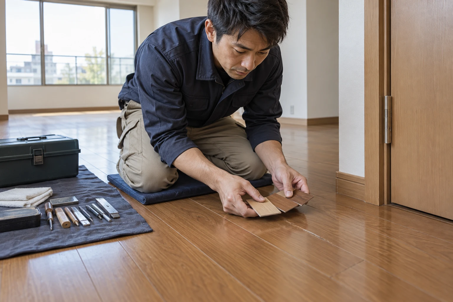 住宅内装リペア業の仕事と開業準備を表す人物入りの架空イメージ(AI生成)