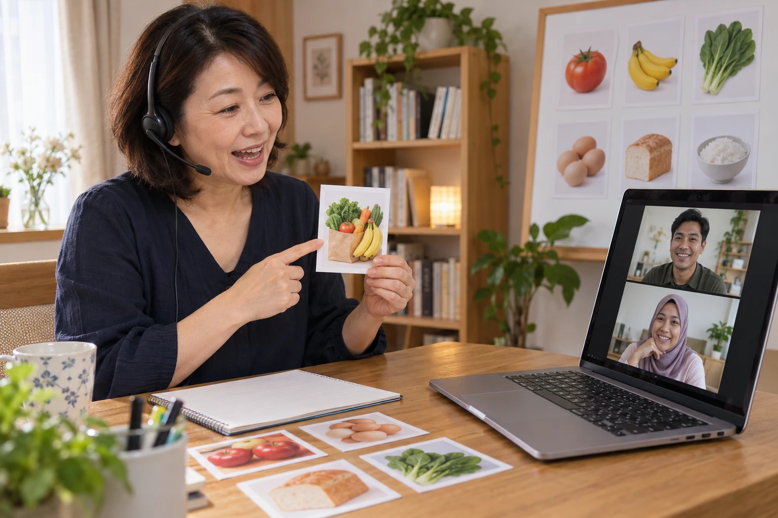 日本語教師の仕事と開業準備を表す人物入りの架空イメージ(AI生成)