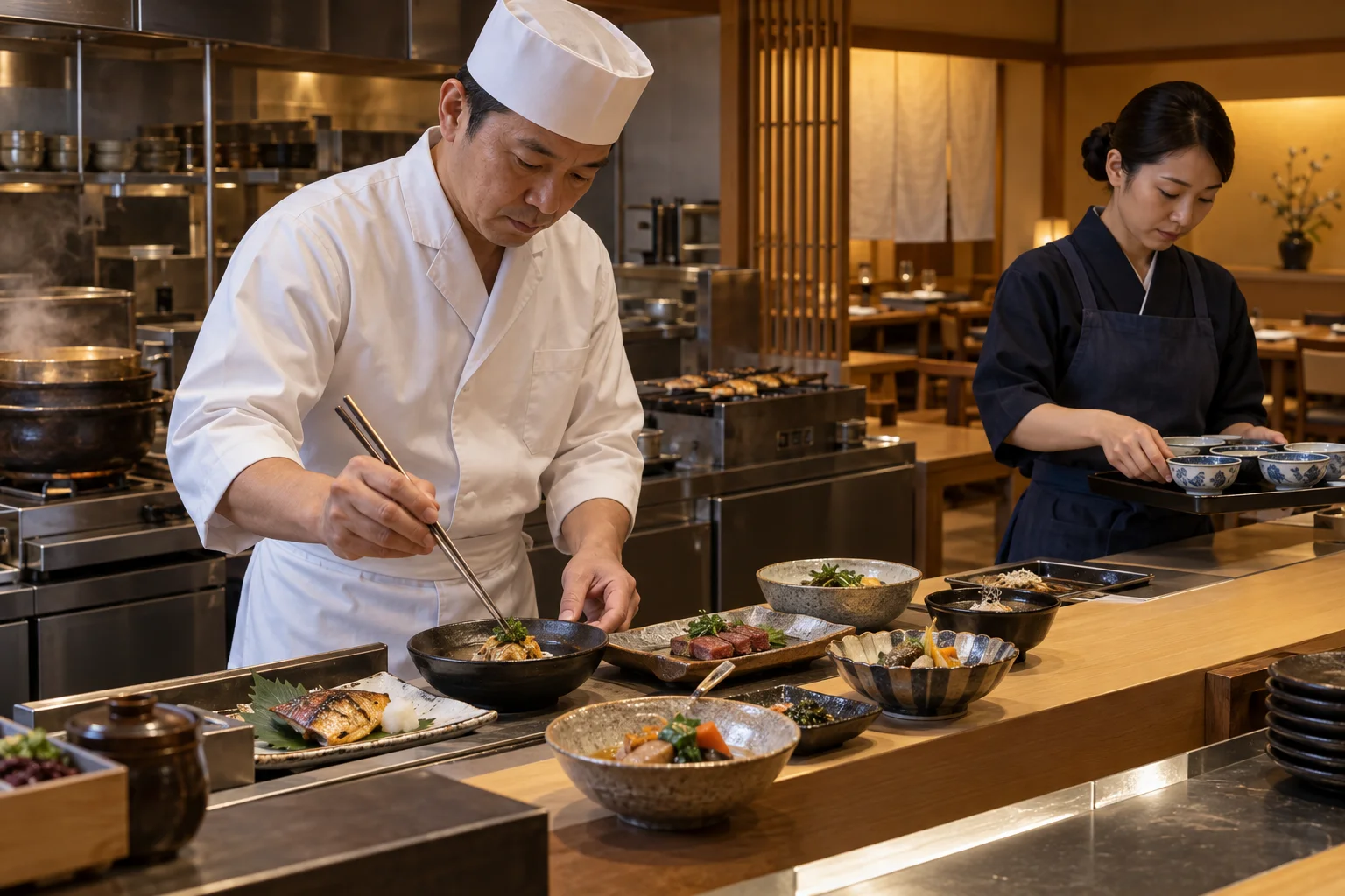 和食レストランの仕事と開業準備を表す人物入りの架空イメージ(AI生成)