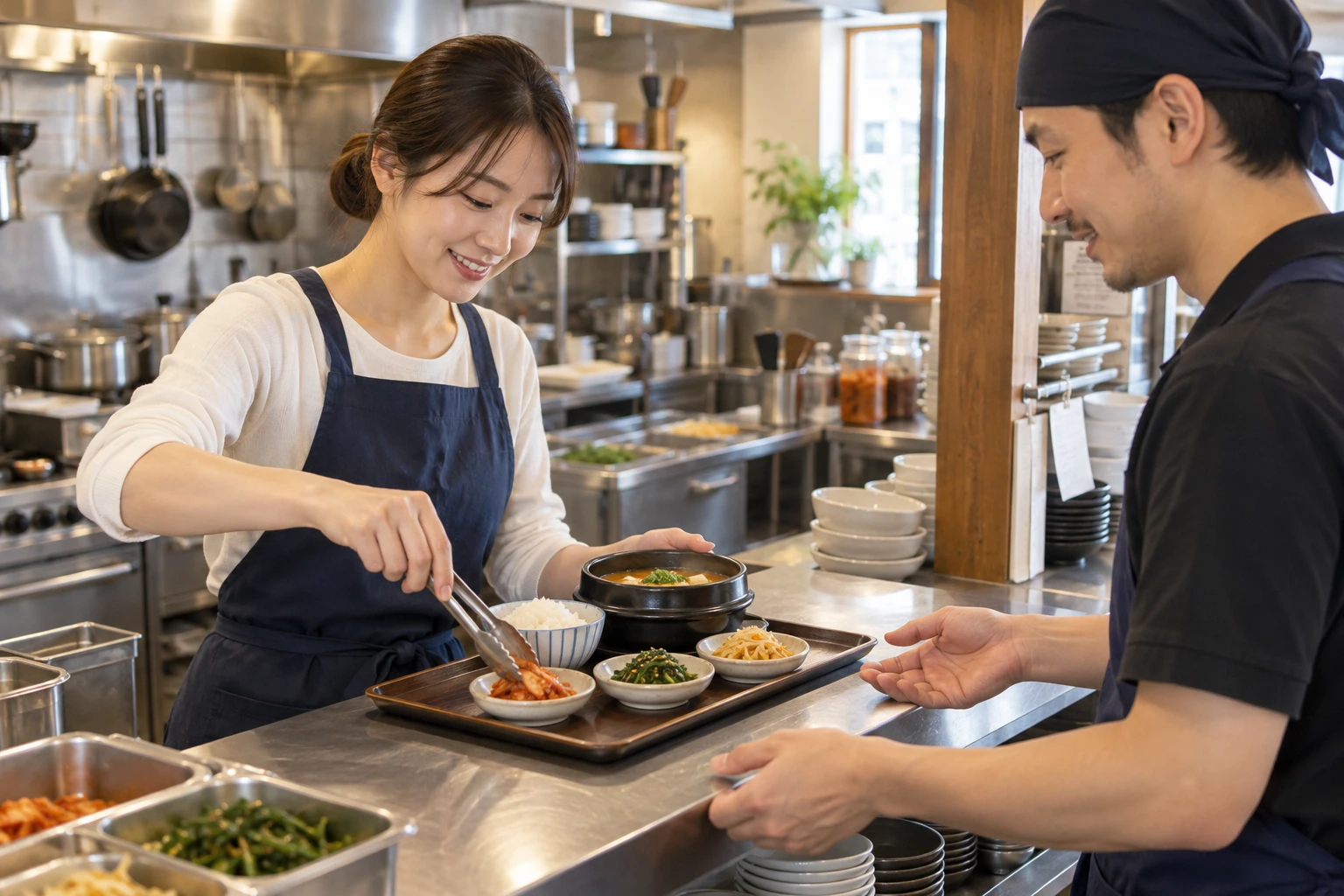 韓国家庭料理店の仕事と開業準備を表す人物入りの架空イメージ(AI生成)