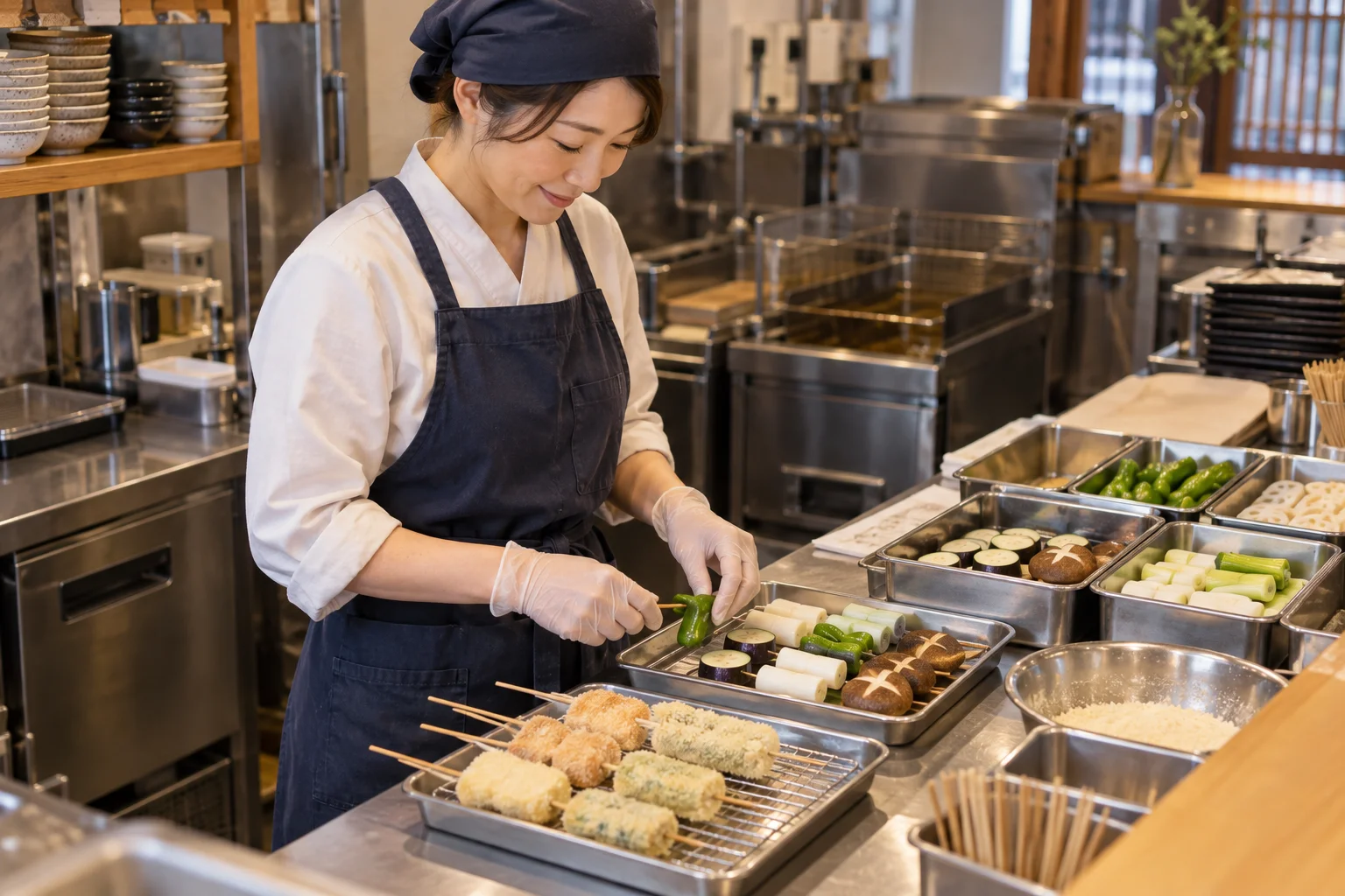 串揚げ(串かつ)料理店の仕事と開業準備を表す人物入りの架空イメージ(AI生成)