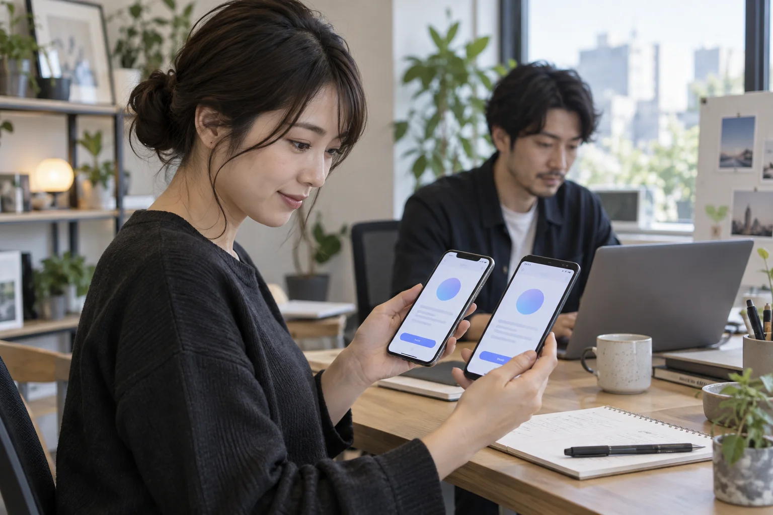 アプリ開発の仕事と開業準備を表す人物入りの架空イメージ(AI生成)
