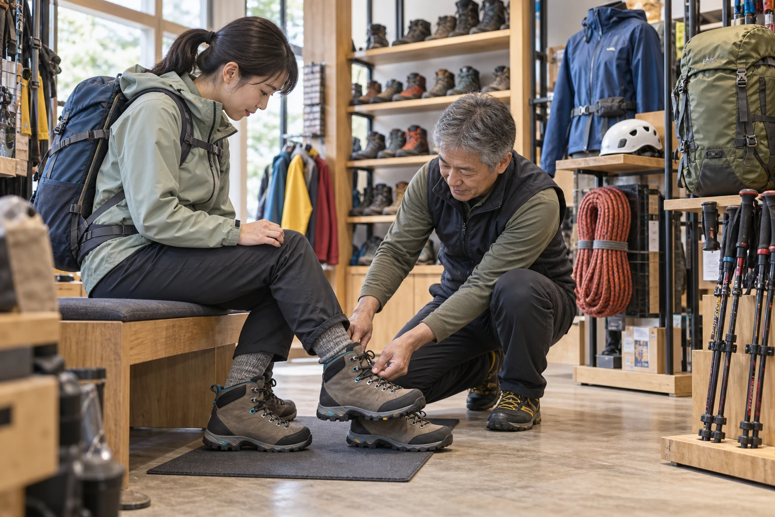 登山用品店の仕事と開業準備を表す人物入りの架空イメージ(AI生成)