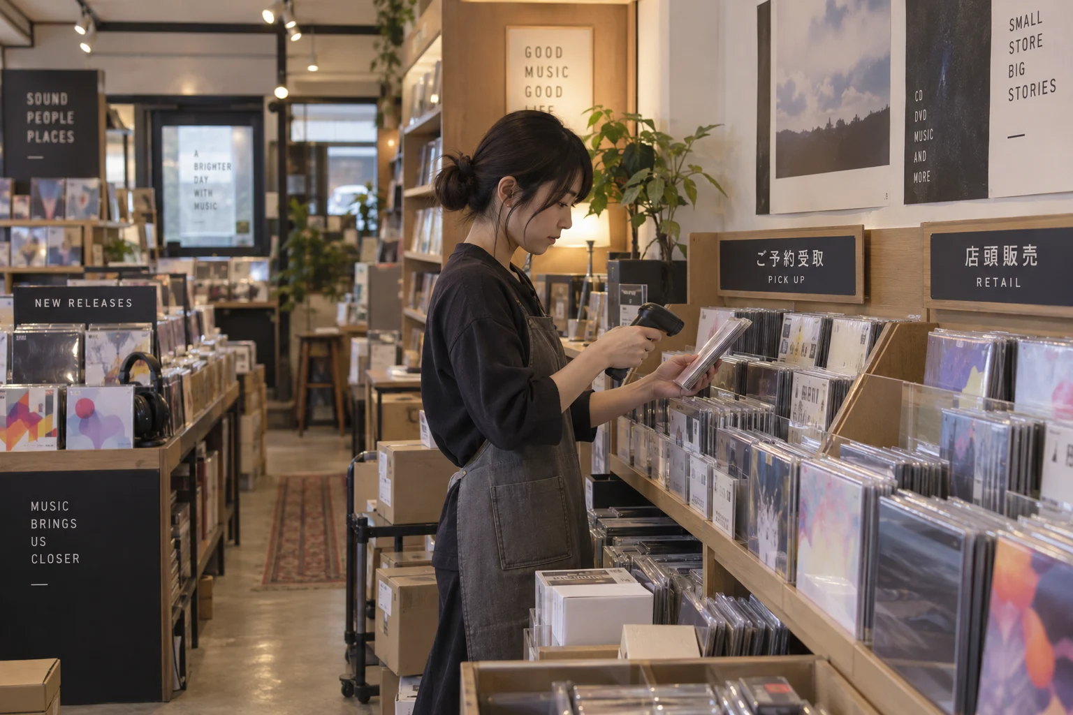 音楽CD・DVD販売店の仕事と開業準備を表す人物入りの架空イメージ(AI生成)