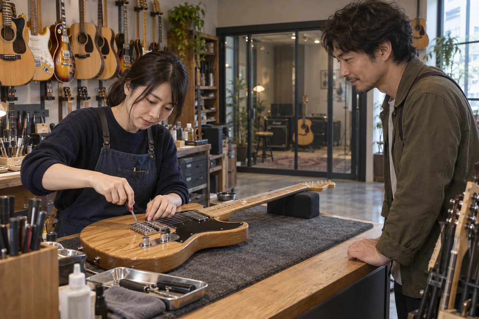 楽器店の仕事と開業準備を表す人物入りの架空イメージ(AI生成)
