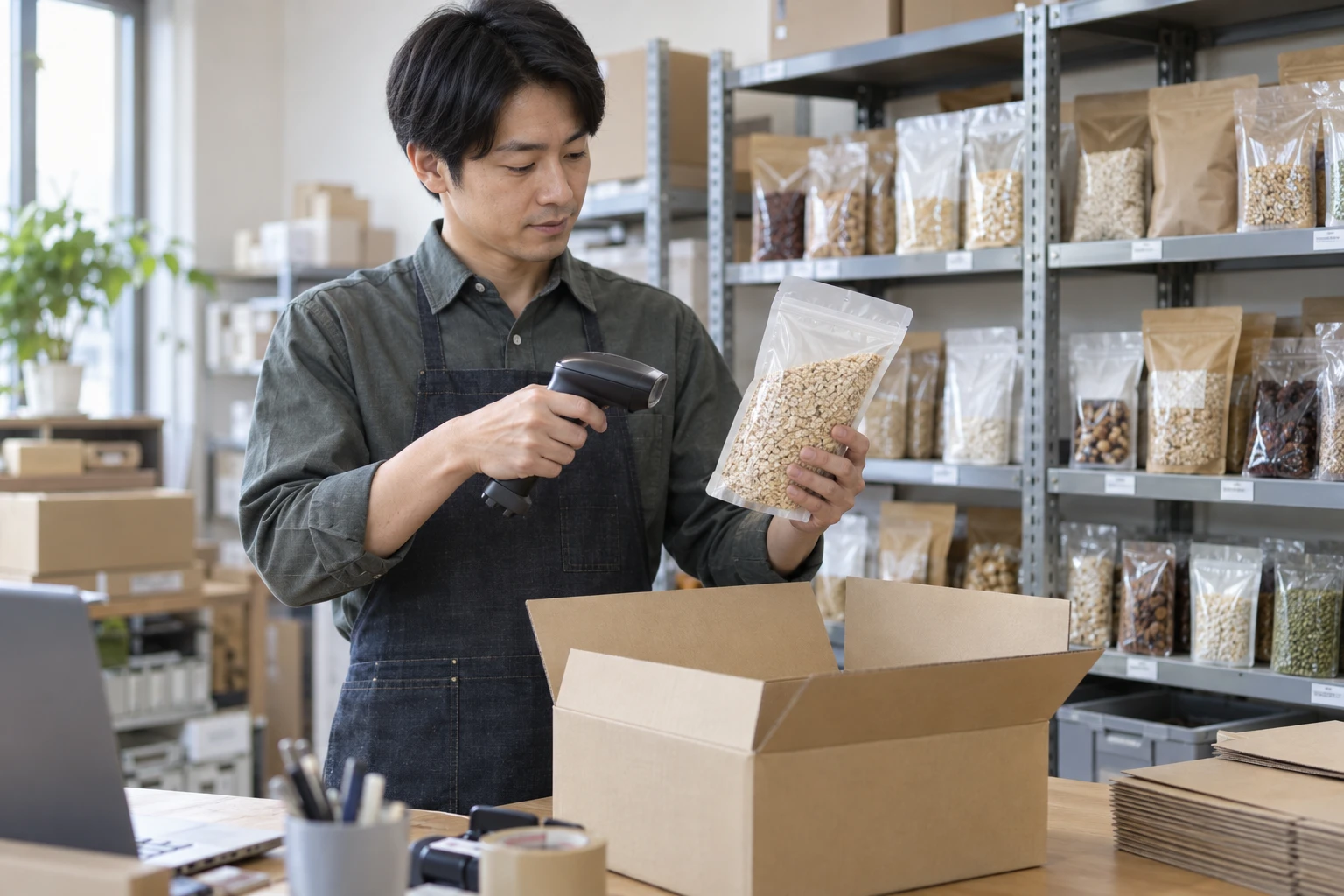 健康・自然食品通販の仕事と開業準備を表す人物入りの架空イメージ(AI生成)