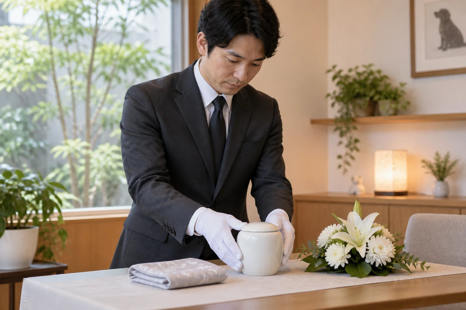 ペット葬祭業の仕事と開業準備を表す人物入りの架空イメージ(AI生成)