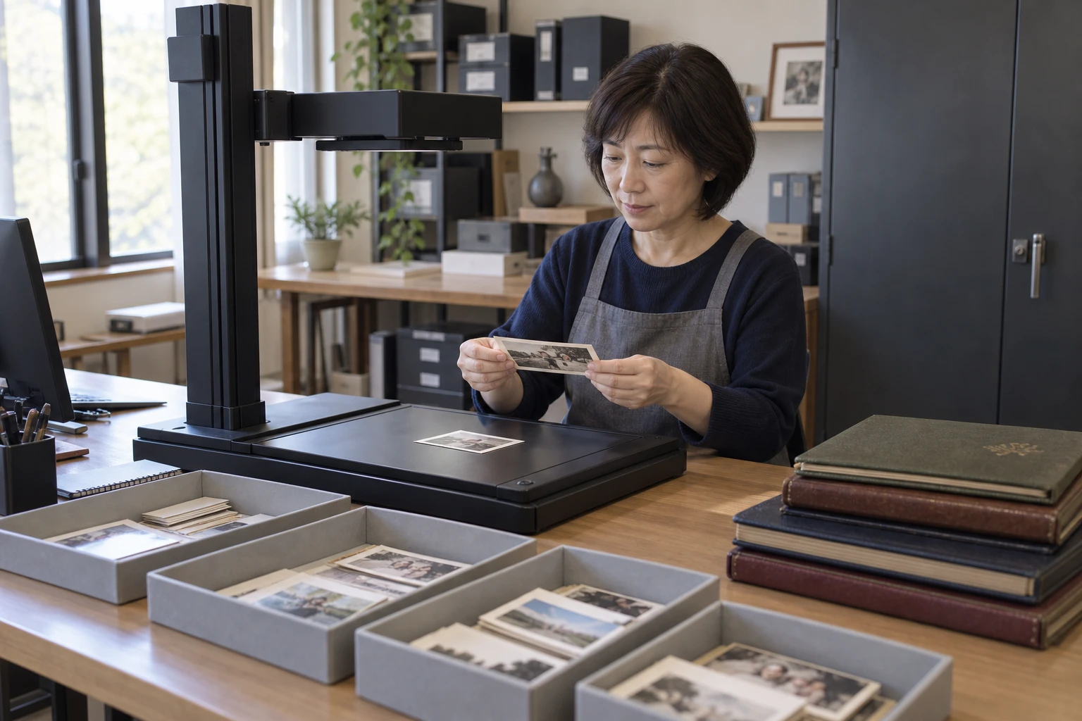写真・アルバムデジタル化代行業の仕事と開業準備を表す人物入りの架空イメージ(AI生成)