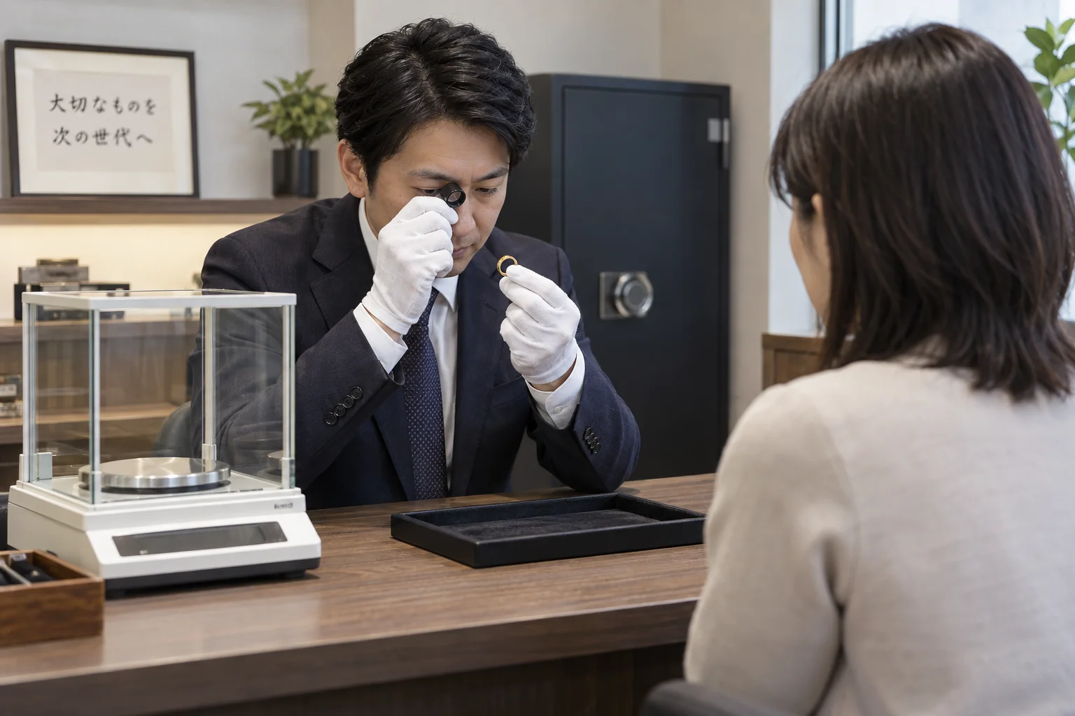 貴金属買取の仕事と開業準備を表す人物入りの架空イメージ(AI生成)