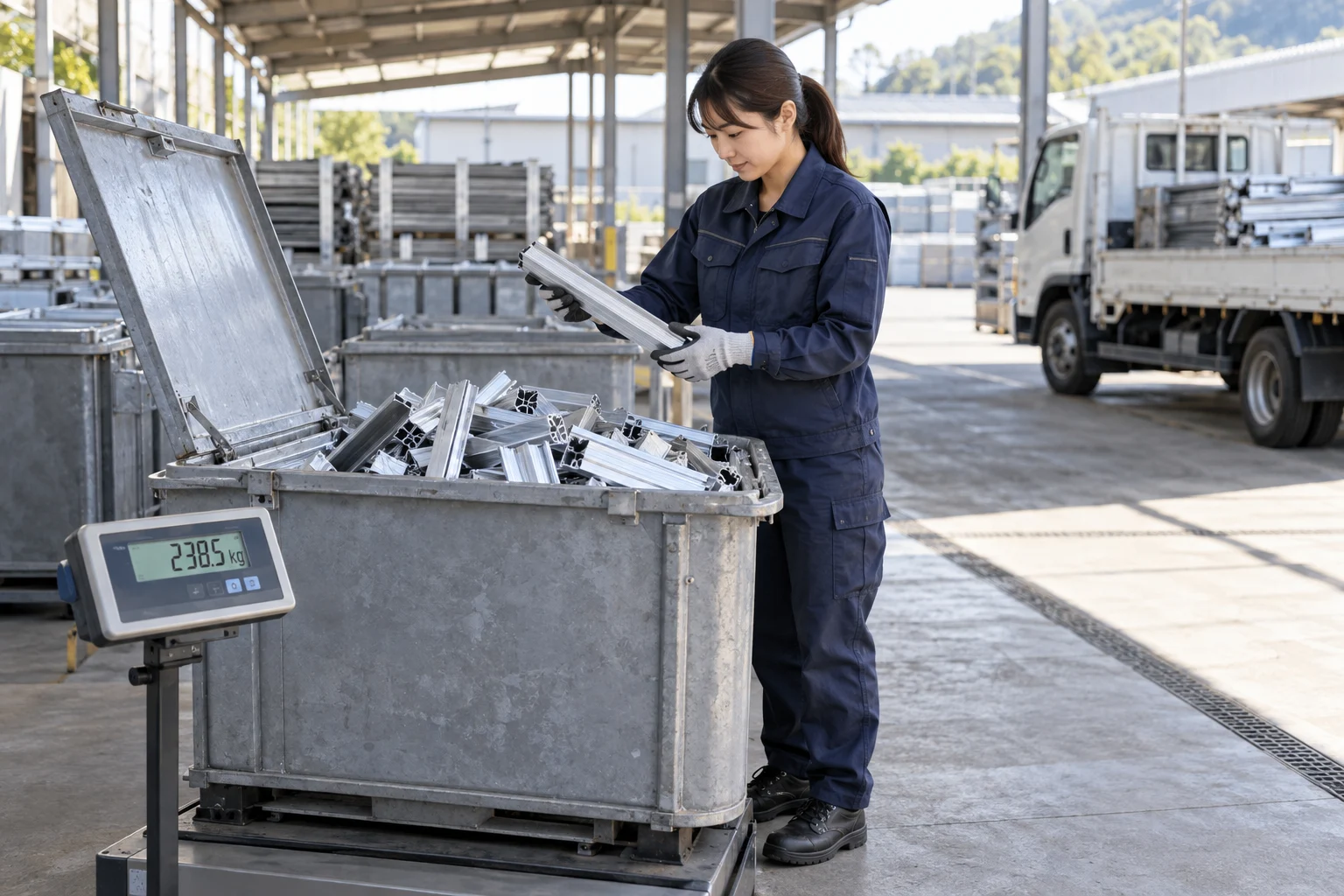 金属資源の荷姿と計量を確認する回収担当者の架空イメージ