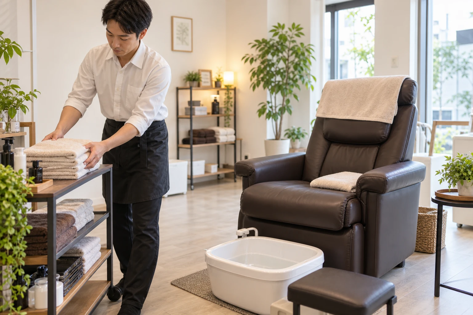 チェアと足浴器のそばで清潔なリネンを準備する事業者の架空イメージ