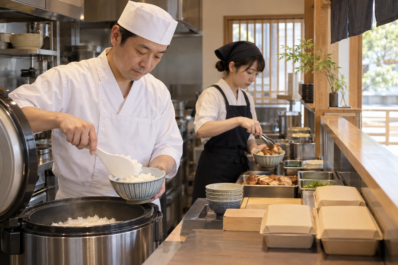 丼物専門店の仕事と開業準備を表す人物入りの架空イメージ(AI生成)