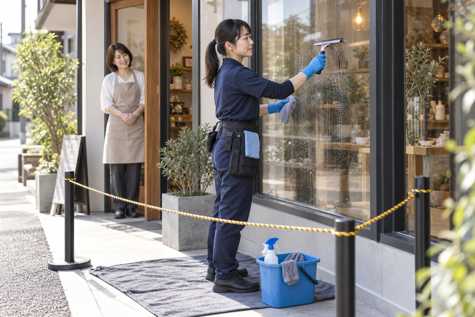 店舗窓ガラス清掃業の仕事と開業準備を表す人物入りの架空イメージ(AI生成)