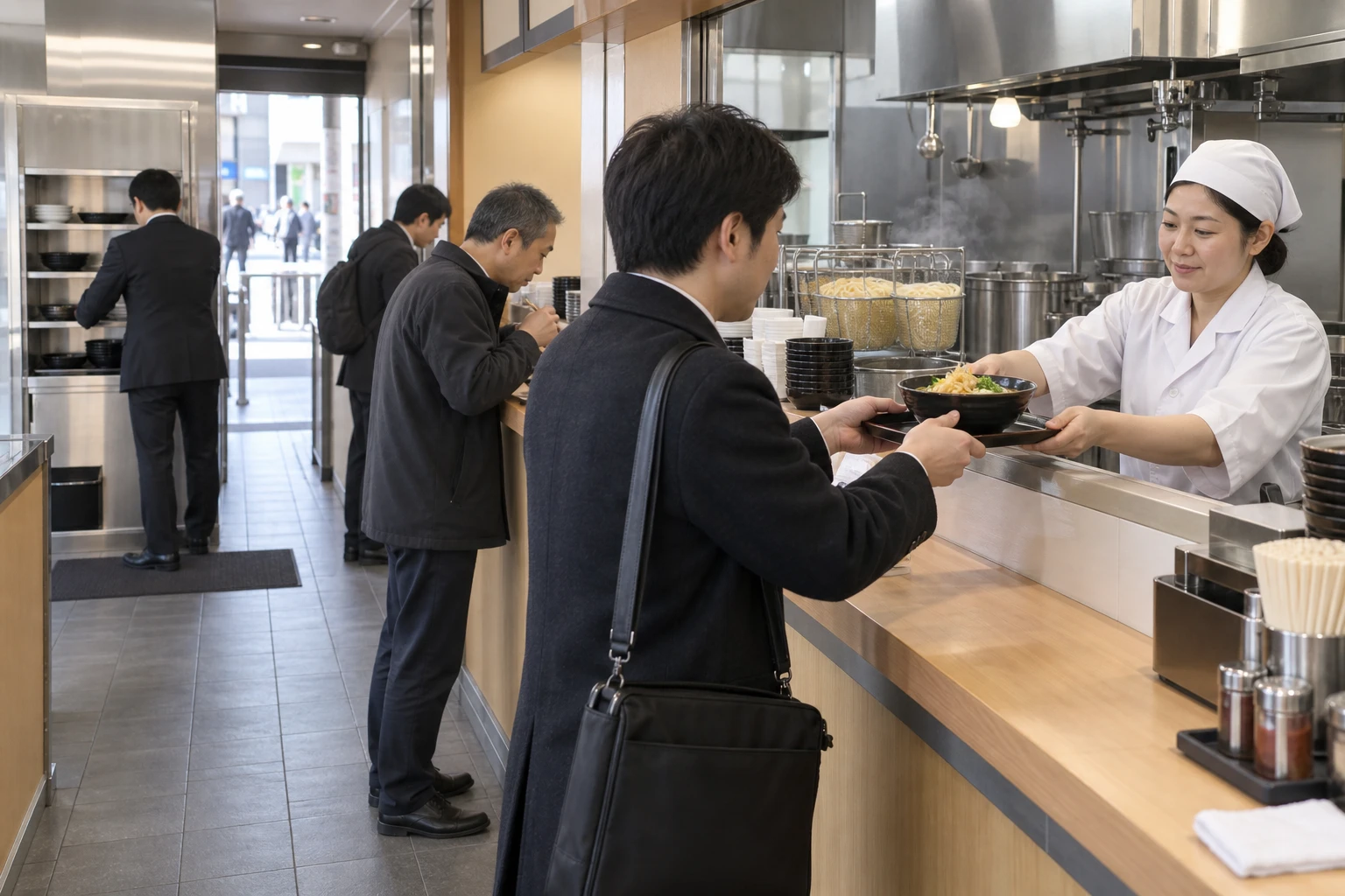 立ち食いそば・うどん店の仕事と開業準備を表す人物入りの架空イメージ(AI生成)