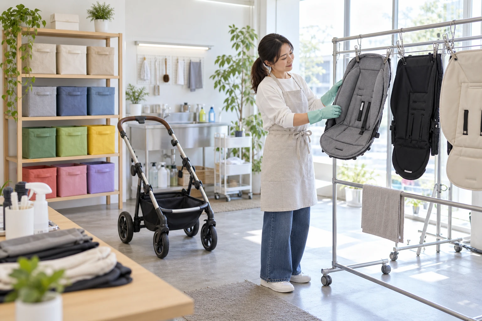 ベビーカークリーニング業の仕事と開業準備を表す人物入りの架空イメージ(AI生成)