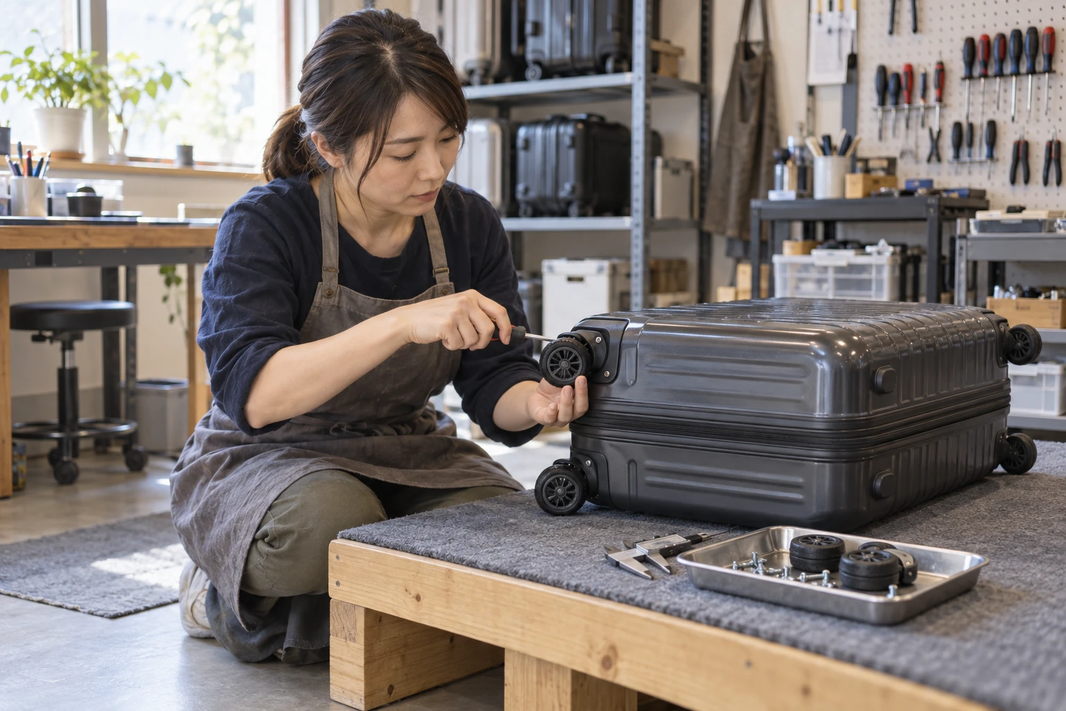 スーツケースキャスター交換業の仕事と開業準備を表す人物入りの架空イメージ(AI生成)