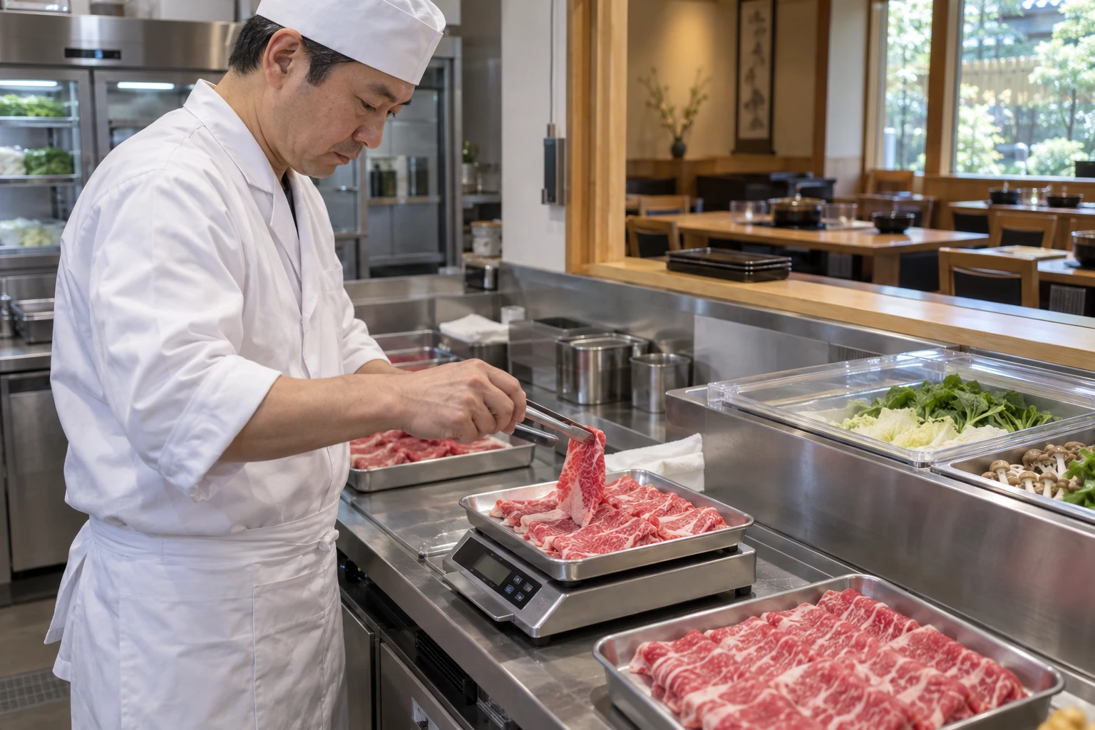 すき焼き・しゃぶしゃぶ料理店の仕事と開業準備を表す人物入りの架空イメージ(AI生成)