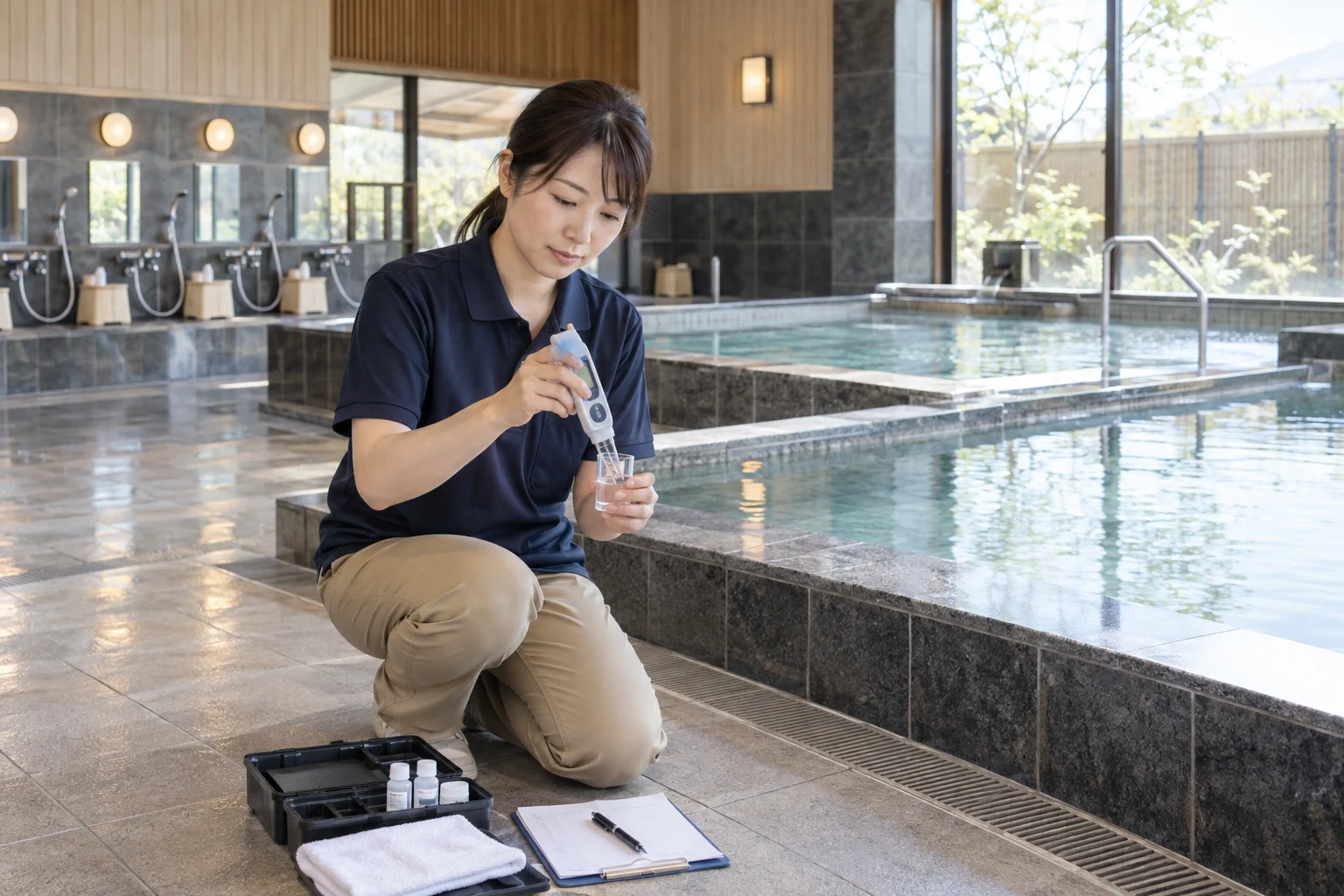 スーパー銭湯の仕事と開業準備を表す人物入りの架空イメージ(AI生成)