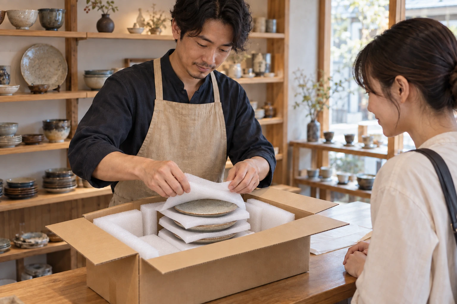 器店の仕事と開業準備を表す人物入りの架空イメージ(AI生成)