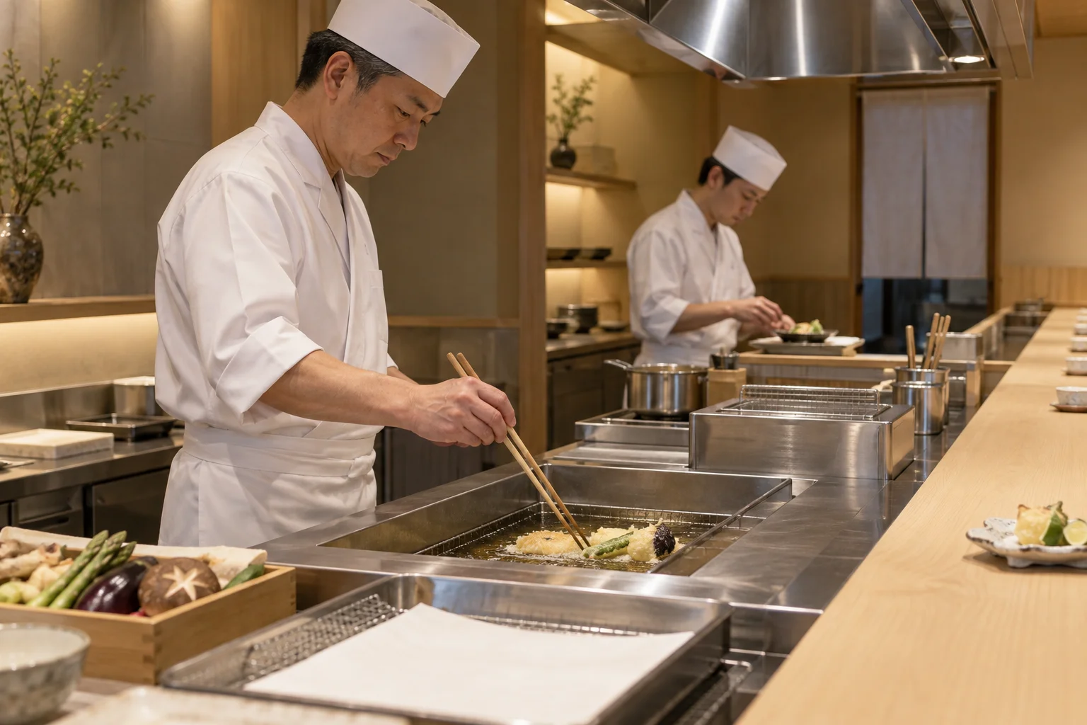 天ぷら料理店の仕事と開業準備を表す人物入りの架空イメージ(AI生成)